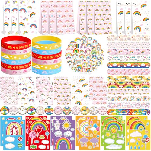 Obussgar Regenbogen Party Favour Supplies einschließlich Regenbogen Geschenk-Taschen, Aufkleber, Abzeichen, Armbänder für Regenbogen-Thema Geburtstagsparty