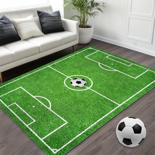 PORFOYO Teppich für Kinderzimmer, 80 x 150 cm, Fußball, Wohnzimmer, Bad, waschbar, rutschfest (grün)