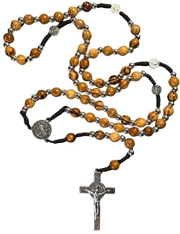 Saint Benedict Rosary Necklace Handcrafted in Bethlehem & Jerusalem from holy land olive wood with Authenticity Certificate
