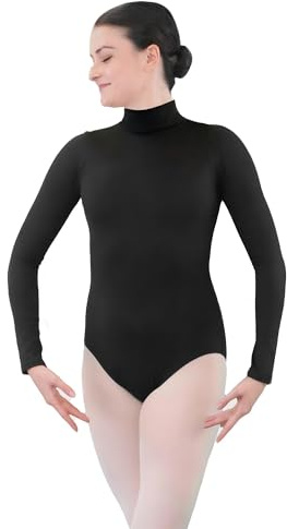 Danzcue Womens Turtle Neck Leotard Long Sleeve Bodysuit, Black, XL