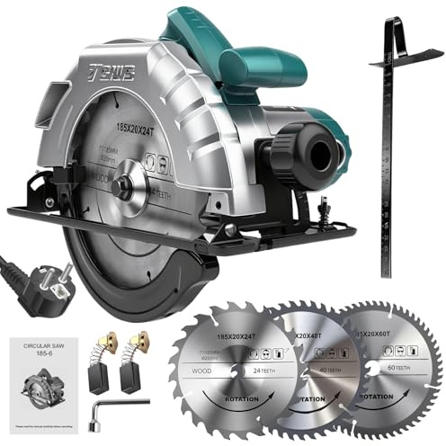 1200W Kreissäge Handkreissäge mit führungsschiene, 5200 RPM Electric Circular Saw Schnitttiefe 60mm (90°), 45mm (45°), Tiefe/Winkel Einstellung mit 3x185mm Kreissägeblatt (24T/40T/60T)