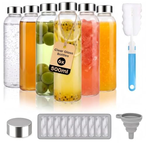Pippuru Glass Juice Bottles with Lids for Juicing 500ml, Reusable Clear Glass Water Bottles with Stainless Steel Airtight Cap for Refrigerator, 100% Leak Proof, BPA Free, Set of 6
