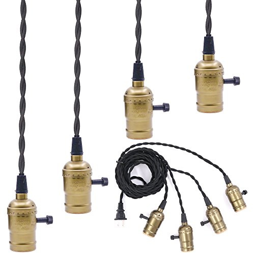 Swpeet Bronze 4 Vintage Light Sockets Pendant Hanging Light Cord with Switches, E26 / E27 Solid Industrial Triple Lamp Sockets Cord for Kitchens / Dining Rooms / Bars / Restaurants (Copper)