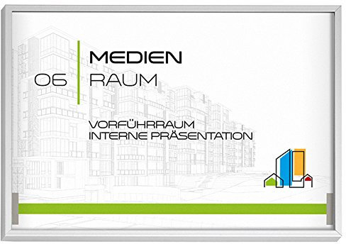 Madrid Silver Line Türschild A6 quer | 105x150 mm | Alu Rahmen silber eloxiert | entspiegelte Abdeckung | selbstklebend | Türschild Büro | Büroschild