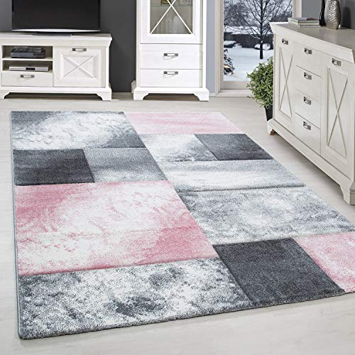 SIMPEX Teppich Läufer 80x150 cm Kurzflor Konturenschnitt in Pink Grau Weiß Kariertes Design, Waschbar, Pflegeleicht, Extra Weich Für Flur, Küche, Schlafzimmer