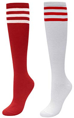 CHIC DIARY Kniestrümpfe Damen Mädchen Fußball Sport Socken College Cheerleader Kostüm Strümpfe Cosplay Streifen Strumpf, 2 Paar(rot+weiß Rot Streifen), Einheitsgröße