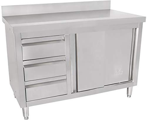 Beeketal 'BAS120-60L' Gastro Edelstahl Küchenschrank mit 3 Schubladen (links), 2 Rolltüren und 4 verstellbaren Standfüßen, Küchen Arbeitsplatte mit 10 cm Aufkantung - (L/B/H) ca. 1200 x 600 x 950 mm
