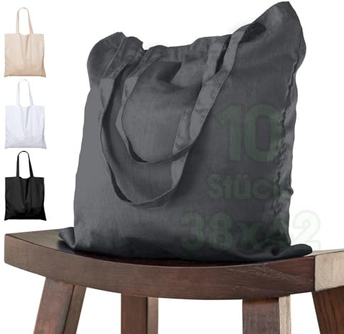 ELES VIDA Baumwolltasche lange henkel (10er Paket in 38x42) - DUNKELGRAU ÖKO-TEX ® geprüfte QUALITÄTSWARE, Tragetasche, Jutebeutel, Stoffbeutel, Einkaufstasche, Bag 100% Baumwolle