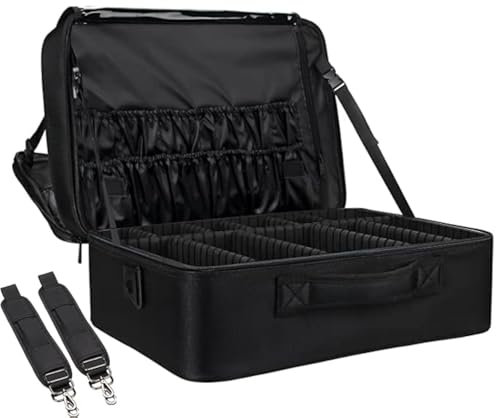 Relavel Travel Makeup Train Case, XL, Super Large Black, Cosmetic Bag with Adjustable Dividers and Water-Resistant Brush Slots, 16.54x13.0x6.3 inches, 2.90 kg