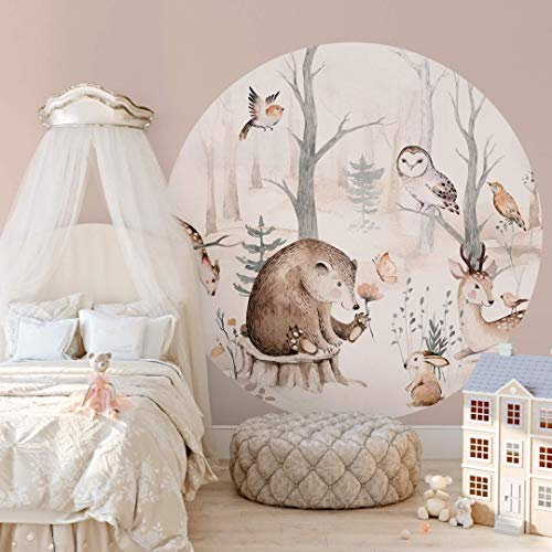Kvilis Fototapete Kinderzimmer Wandtattoo Waldtiere Klebebilder für die Wand Rund Tapete Foto Vliestapete XXL (Braun, Ø140 cm)