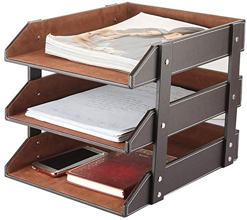 RHCSZ Bürodokumenten-Organizer, Dreilagiges Leder-Aktenregal, Briefablage, Schreibtisch-Aufbewahrungsbox, Dokumenten-Organizer, Schreibtisch Zubehör (Braun), 35,1 x 27,4 x 27,4 cm
