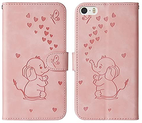 Norn for iPhone 5 Phone Case,Embossed Love Heart Elephant Butterfly Pattern,Folding Stand PU iPhone 5s Leather wallet case,shokproof Flip Cover Protective Case with Card Slots,Magnetic Closure,Pink