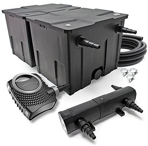 SunSun Komplettset: CBF-350B Teichfilter bis 60000 L Teichfilteranlage Durchlauffilter, NEO8000 Teichpumpe 8000l/h 70W, CUV-224 Teichklärer 24W, 10m Teichschlauch 38 mm, Schlauchschellen W1 44-47mm