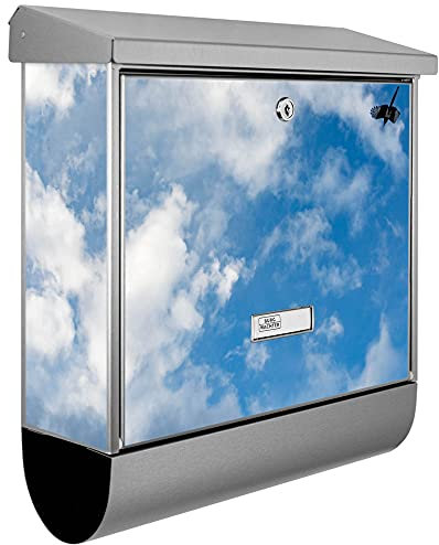 banjado® Burgwächter Briefkasten Edelstahl 38x39x12cm mit Motiv Wolken 4 / Briefkasten Edelstahl ohne Zeitungsfach/Briefkasten grau/Postkasten inkl. Montagematerial & 2 Schlüsseln