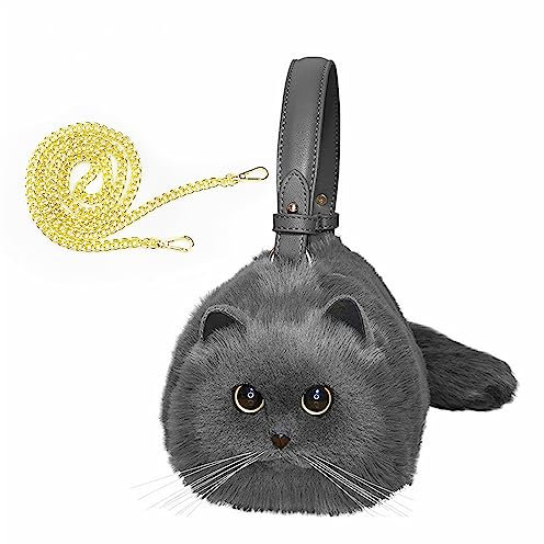 HUIJUFU Realistische Puffy-Plüsch-Katzentasche in Form einer Umhängetasche für Frauen(Blaue Katze)