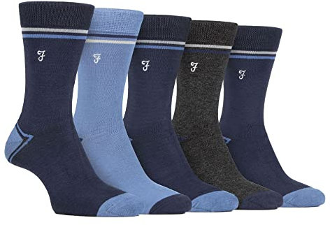 Farah - Mens 5 Pack Natural Organic Bamboo Bright Striped Patterned Socks (6-11, Navy Blue)