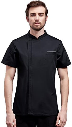 Unisex-Kochmantel mit Reißverschluss, kurzärmelig, mehrere Taschen, Kochjacke hinten, Netzstoff, Schwarz, X-Small