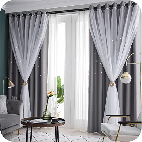 2 Schichten Gardinen Grau Verdunkelungsvorhänge Vorhang Blickdicht,mit weiß Voile Vorhänge,Vorhang Wohnzimmer mit Ösen Thermovorhang Kälteschutz für Mädchen Schlafzimmer Kinderzimmer,Beige 1pcs
