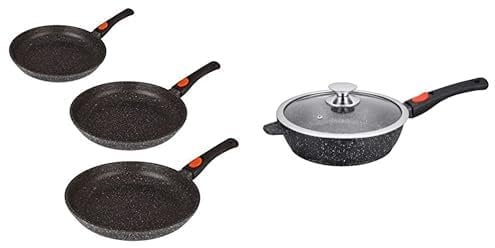 Kamberg Manche Amovible, Fonte d'Aluminium, Revêtement type pierre, Tous feux dont induction, Sans PFOA, Poêles 20 / 24 / 28 cm, Lot de 3 & Sauteuse 28 cm - Manche Amovible - Fonte d'Aluminium
