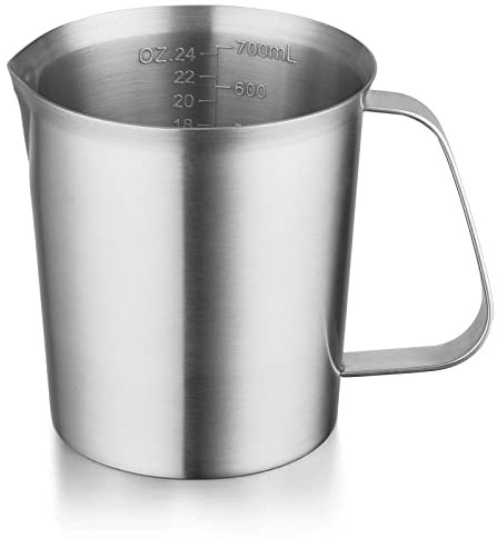 CURTA Taza medidora de acero inoxidable 18/8 con mango y borde de vertido, jarra de metal con marcado Oz y ML, 700 ml, 3 tazas), jarra resistente