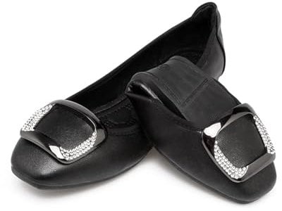 MACHSWON Womens Ballet Flat Slip On Foldable Ballet Flats with Buckle, Portable Ladies Slip On Loafers(Black, Size 7)