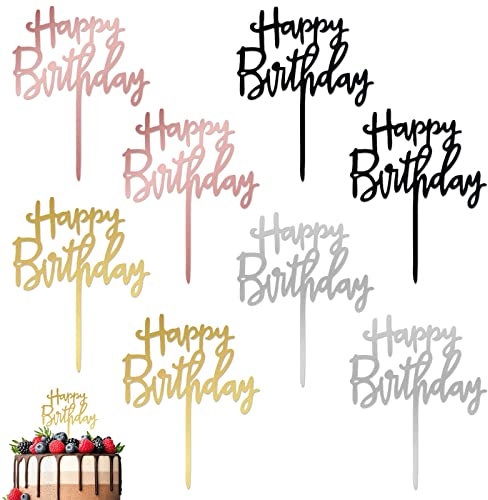8 Stück Happy Birthday Tortendeko, Happy Birthday Cake Topper, Wiederverwendbarcake Acryl Cake Topper Geburtstag, Happy Birthday Kuchen Deko füe Mädchen Junge Kinder(Gold, Rosa, Silber, Schwarz x 2)