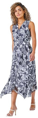 Roman Originals Women Petite Contrast Floral Print Hanky Hem Dress - Ladies Spring Everyday Summer Holiday V-Neckline Comfy Sleeveless Soft Vacation Chiffon - Navy - Size 16