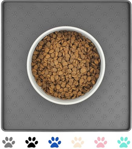 Ptlom Grey Pet Placemat for Dog and Cat, Waterproof Non-Slip Silicone Feeding Bowl Mat Prevent Food and Water Overflow, Puppy Dish Feeder Fountain Trays Suitable for Medium and Small Pets