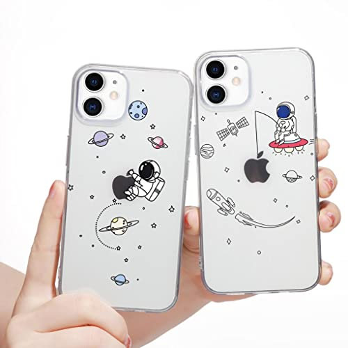 Yoedge 2 Stück Durchsichtig Hülle für iPhone 12 / iPhone 12 Pro 6,1, Transparent Handyhülle mit Aesthetic Motiv Mode Muster, Ultra Dünn Weich Klar Silikon TPU Stoßfeste Bumper Schutzhülle,Astronaut 1