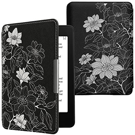 kwmobile Klapphülle kompatibel mit Amazon Kindle Paperwhite Hülle - eReader Case (für Modelle bis 2017) - weiße Blumen Weiß Schwarz
