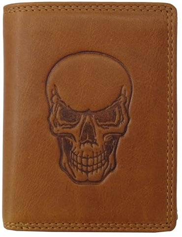 Hill Burry Geldbörse aus Leder für Herren | Geldbeutel für Männer mit RFID-Schutz und Münzfach (Einkaufchip) | Prägung Head Skull Schädel Portemonnaie in braun (Hochformat, Dunkelbraun)