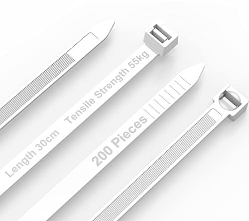 Uootach 200 Pezzi Fascette Fermacavi Nylon, 7.6mm*300mm Fascette Stringicavo anti UV, durevole e robusto resistenza alla trazione di 55 kg, Per la gestione dei cavi, tasche di fissaggio-Bianco
