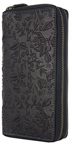 Hill Burry Geldbörse für Damen | XXL Groß Leder Geldbeutel Doppelter Reißverschluss RFID Schutz | Portemonnaie langes Portmonee | 27 Kartenfächer | 20x11x3,5cm (B x H x T) (Schwarz)