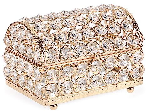 ELLDOO Joyero de cristal, organizador de aretes y anillos, caja decorativa con tapa para San Valentín, boda, Navidad, regalo de cumpleaños, dorado, grande