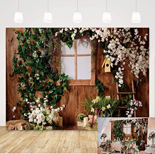 Garden Photography Backdrop Wooden Windows Green Plants Flower Background Children Baby Shower Party Decorat Studio Photo Shoot Props (7X5FT)