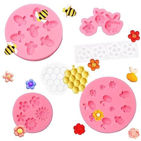 Sixfolo 6 Stück Biene und Blume Fondant Silikonform Bienenwabe Schokoladenformen Insekt Fondant Formen 3D Mini Blumen Silikonformen für SüßIgkeiten Kuchen DIY Dekorative