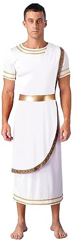 Aislor Herren Griechischer Gott Kostüm Römischer Gott Toga mit Schal Gürtel Kostüm Zeus für Erwachsene Halloween Kostüm Karneval Mottopartys Weiß L