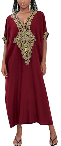 L-Peach Mujer Vestido Bordado Largo Kaftan Pareo de Algodón Bikini Cover Ups