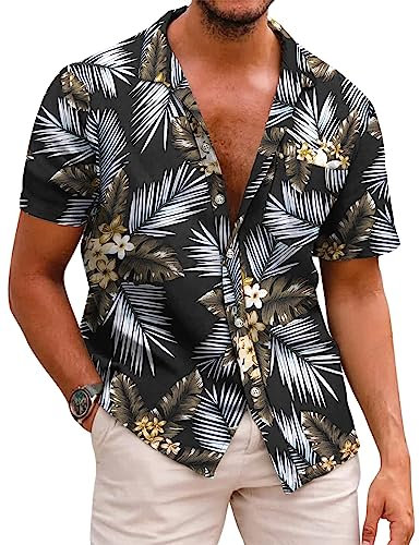 COOFANDY Hawaiihemd Herren Kurzarmhemd Sommer Herrenhemden Kurzarm Baumwolle Blumen Shirt Floral Strandhemd Bügelfrei Button Down Kurzarm Hawaii Shirt A-Palmblätter L
