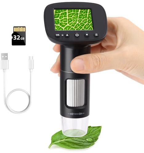 Koolertron Taschenmikroskop Kinder mit 2 LCD-Bildschirm, Handmikroskop Mikroskop für Kinder Erwachsener, 50x-1000x Portable Mikroskop Digital mit USB und SD Card (Schwarz)