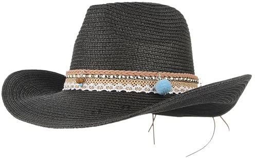 GEMVIE Summer Cowboy Cowgirl Hat Unisex Roll up Brim Fedora Straw Sun Hat Western Cowboy Hat Straw Beach Cap Black