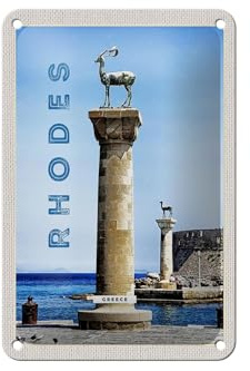 Femer Blechschild Reise 12x18cm Griechenland Rhodos Meer Skulptur Schild