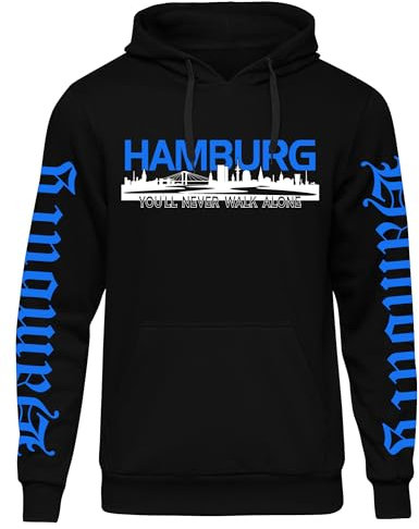 Hamburg über Alles Herren Kapuzenpullover | Hansestadt Fußball Premium Hoodie Skyline Hamburg Pullover | Schwarz (M)