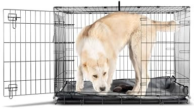 Puppy Dog Double Door 4 Locks Metal Dog Cage with Carry Handle & Removable Plastic Tray 24 Inch Foldable Crate for Cats, Dogs, Small Animals Travel & Safety House (Medium (30 inch))