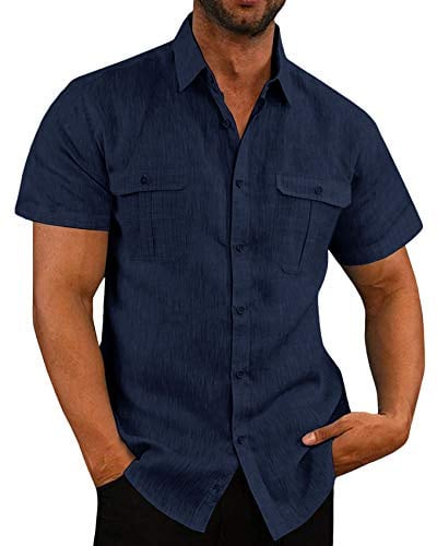 Linen Shirt Men's Short Sleeve Summer Shirt Men's Casual Shirt Business Shirt Beach Shirt with Pockets, darkblue, L