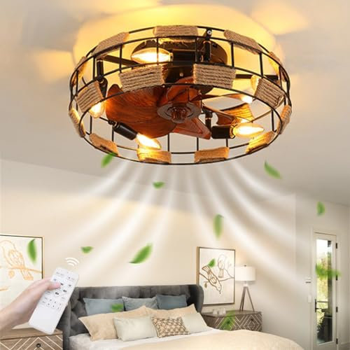Deckenventilator Mit Beleuchtung, Leise Timer Vintage E27 Deckenlampe Mit Ventilator, Eisenkunst+Hanfseil Ventilator Retro 46W Deckenleuchte, 6-Gang-Einstellung, Für Schlafzimmer Wohnzimmer Esszimme