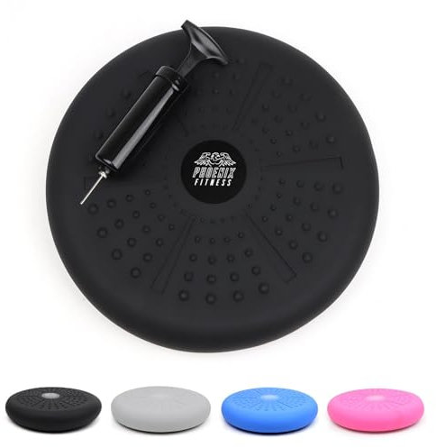 Phoenix Fitness Wobble Cushion - Non-Slip Stability Cushion for Core Strength with Hand Pump - Balance Disc for Adults Physio and Rehab - Sensory Wiggle Seat for Kids - Black