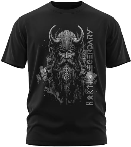 North Legendary Herren T Shirt Odin Hörner Brustaufdruck Grau Nebelgrau Mondschein Hagalazpfad Weisheitsstein Regular Fit 5XL Runen Futhark Gaming Metal LARP Valhalla Krieger DTG Größe 5XL