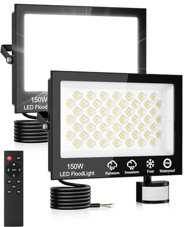 Litglobe Foco LED Exterior con Sensor Movimiento 150W 2 Pieza,15000LM Foco Proyector con Control Remoto,6500K Blanco Frío Luz LED,IP66 Impermeable Focos Exterior para Jardín Patios Garaje