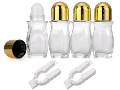 Newzoll Lot de 4 flacons roller en verre transparent de 50 ml pour déodorant, huile essentielle, flacons à bille roulants, étanches et rechargeables avec bouchons dorés, applicateur de parfum de